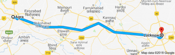 Distance between Lucknow to Agra Map